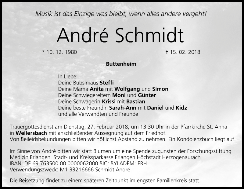  Traueranzeige für André Schmidt vom 23.02.2018 aus MGO