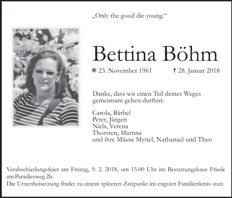  Traueranzeige für Bettina Böhm vom 03.02.2018 aus MGO