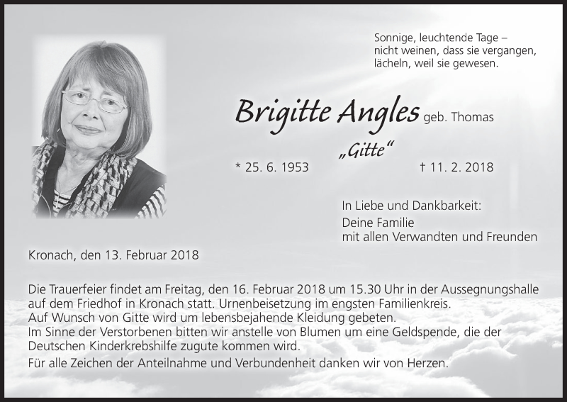  Traueranzeige für Brigitte Angles vom 13.02.2018 aus MGO