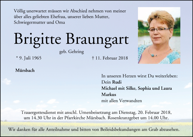  Traueranzeige für Brigitte Braungart vom 16.02.2018 aus MGO