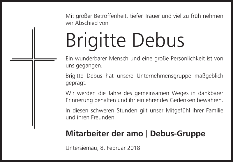  Traueranzeige für Brigitte Debus vom 08.02.2018 aus MGO