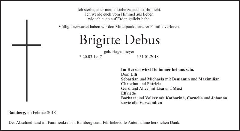  Traueranzeige für Brigitte Debus vom 06.02.2018 aus MGO