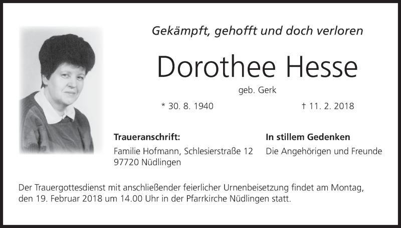  Traueranzeige für Dorothee Hesse vom 16.02.2018 aus MGO