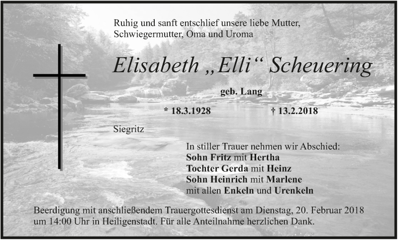  Traueranzeige für Elisabeth  Scheuering vom 17.02.2018 aus MGO
