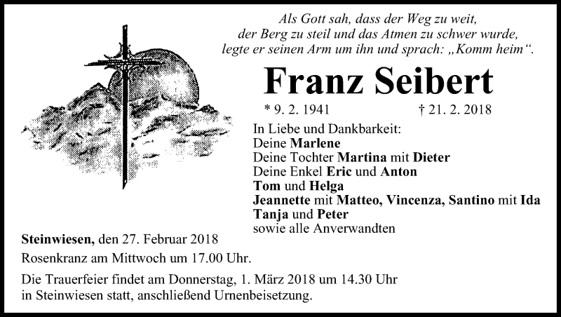  Traueranzeige für Franz Seibert vom 27.02.2018 aus MGO