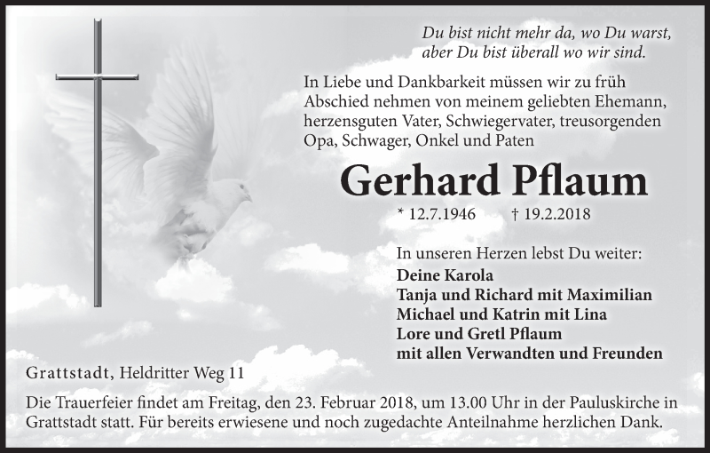  Traueranzeige für Gerhard Pflaum vom 21.02.2018 aus MGO