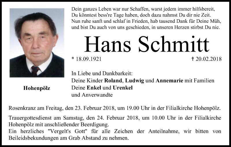  Traueranzeige für Hans Schmitt vom 22.02.2018 aus MGO