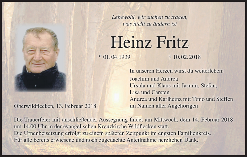  Traueranzeige für Heinz Fritz vom 13.02.2018 aus MGO