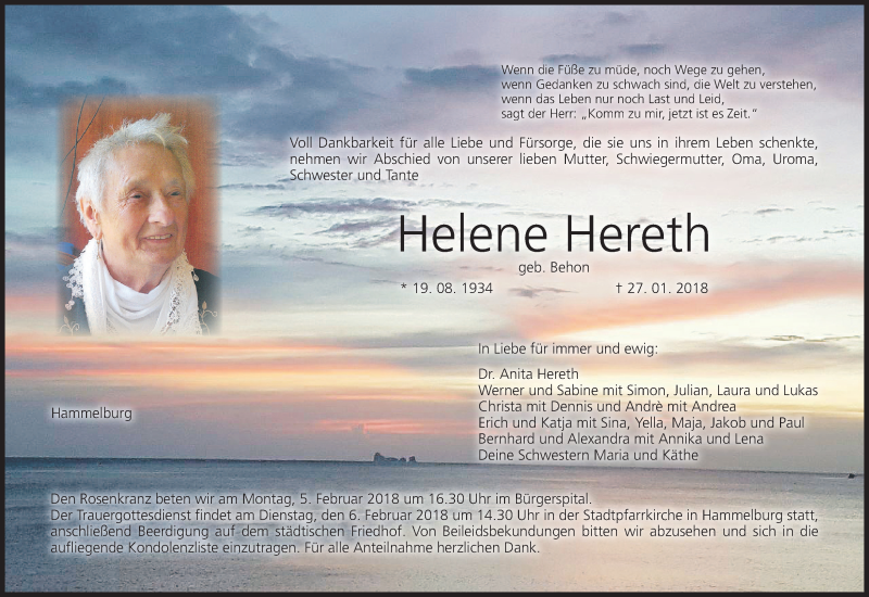 Traueranzeige für Helene Hereth vom 03.02.2018 aus MGO