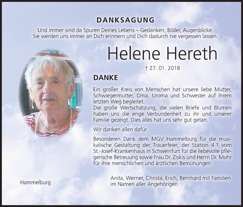  Traueranzeige für Helene Hereth vom 10.02.2018 aus MGO