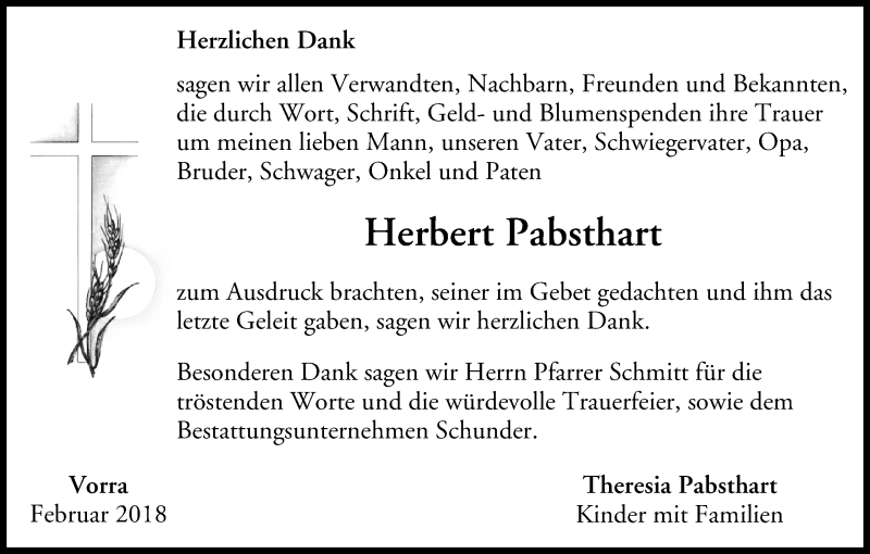  Traueranzeige für Herbert Pabsthart vom 24.02.2018 aus MGO