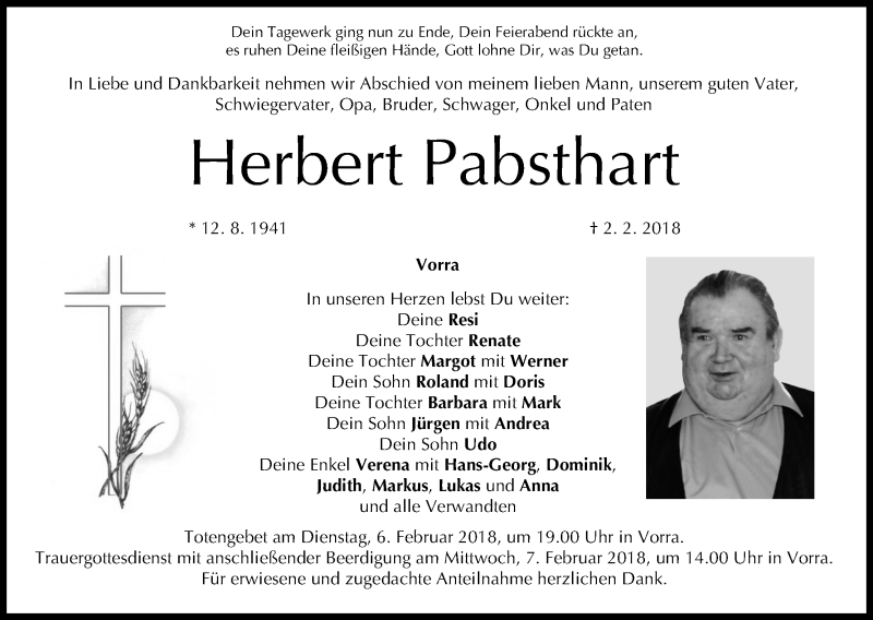  Traueranzeige für Herbert Pabsthart vom 05.02.2018 aus MGO
