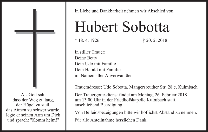  Traueranzeige für Hubert Sobotta vom 23.02.2018 aus MGO