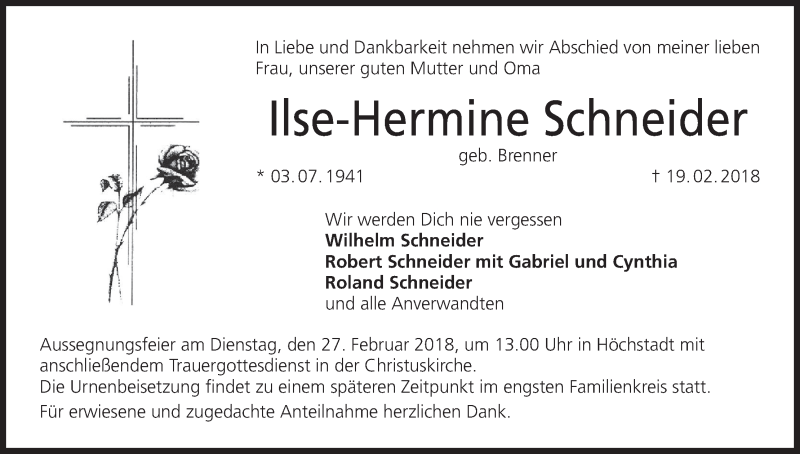  Traueranzeige für Ilse-Hermine Schneider vom 23.02.2018 aus MGO