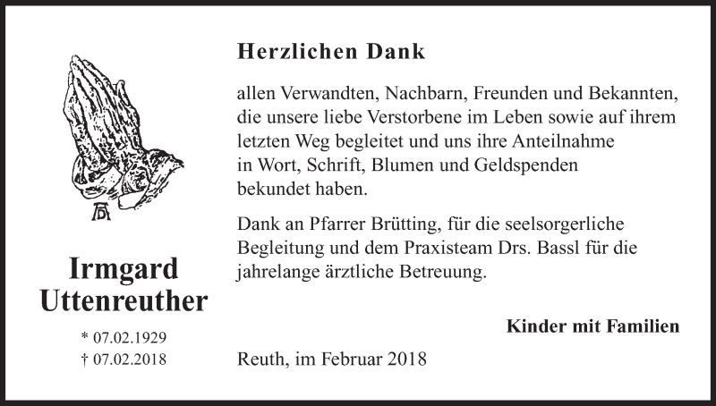  Traueranzeige für Irmgard Uttenreuther vom 26.02.2018 aus MGO