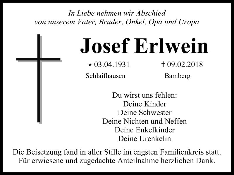  Traueranzeige für Josef Erlwein vom 17.02.2018 aus MGO