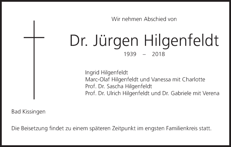  Traueranzeige für Jürgen Hilgenfeldt vom 24.02.2018 aus MGO
