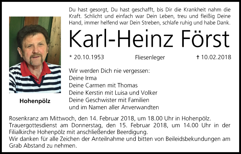  Traueranzeige für Karl-Heinz Först vom 13.02.2018 aus MGO