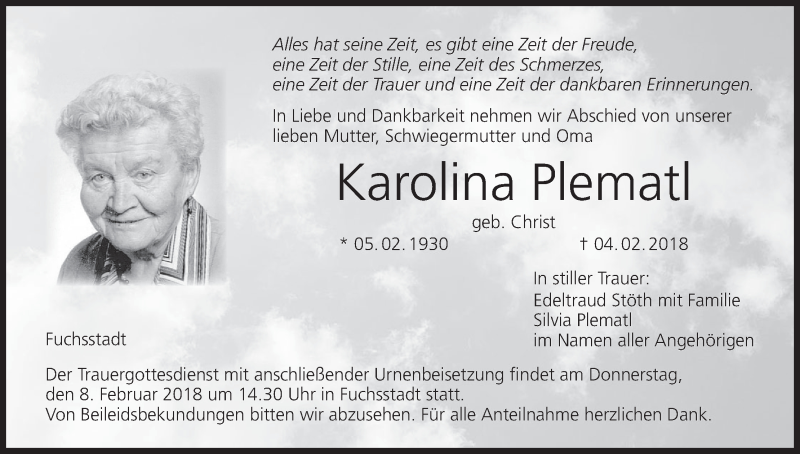  Traueranzeige für Karolina Plematl vom 06.02.2018 aus MGO