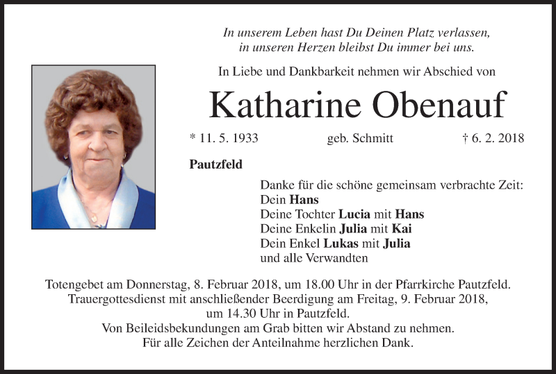  Traueranzeige für Katharine Obenauf vom 07.02.2018 aus MGO