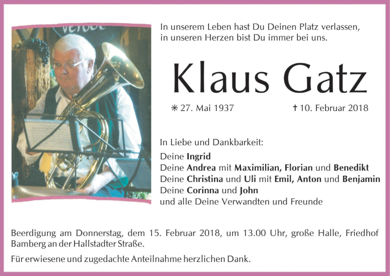  Traueranzeige für Klaus Gatz vom 13.02.2018 aus MGO