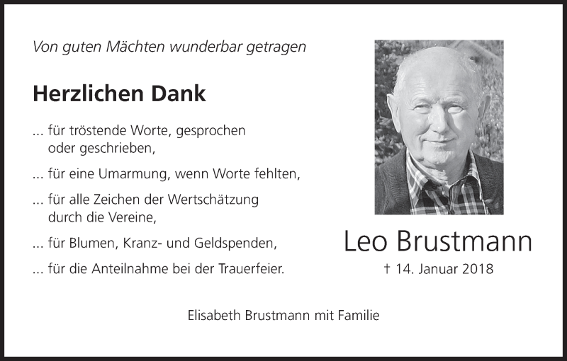  Traueranzeige für Leo Brustmann vom 10.02.2018 aus MGO