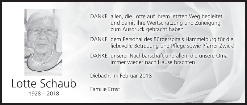  Traueranzeige für Lotte Schaub vom 10.02.2018 aus MGO