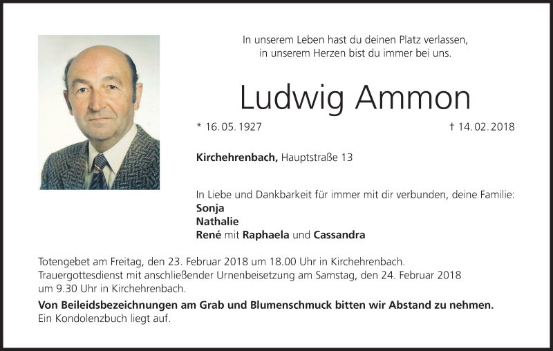  Traueranzeige für Ludwig Ammon vom 21.02.2018 aus MGO