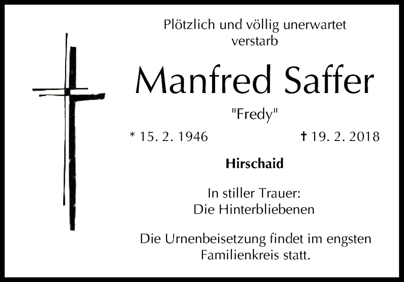  Traueranzeige für Manfred Saffer vom 24.02.2018 aus MGO