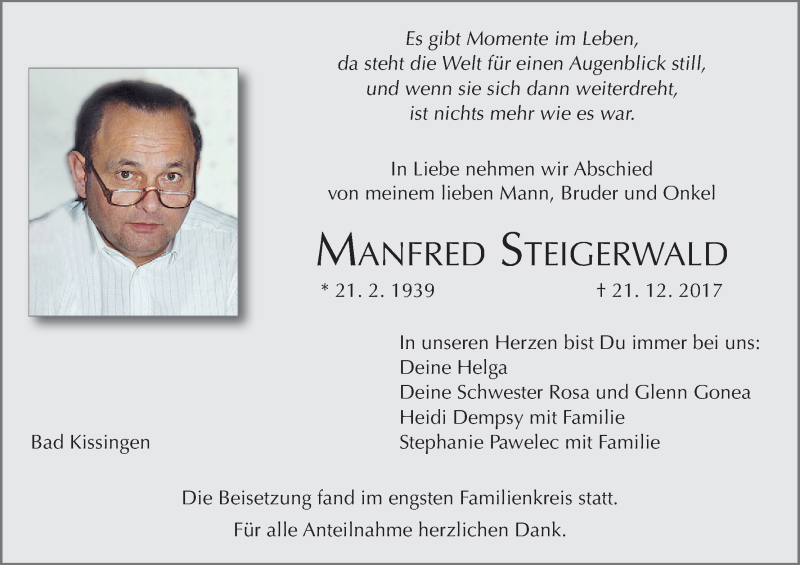 Traueranzeige für Manfred Steigerwald vom 24.02.2018 aus MGO