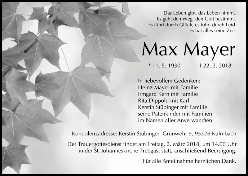  Traueranzeige für Max Mayer vom 28.02.2018 aus MGO