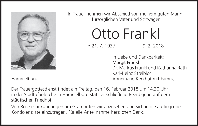  Traueranzeige für Otto Frankl vom 13.02.2018 aus MGO