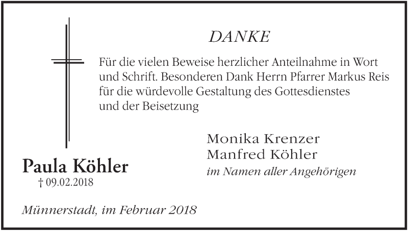  Traueranzeige für Paula Köhler vom 24.02.2018 aus MGO