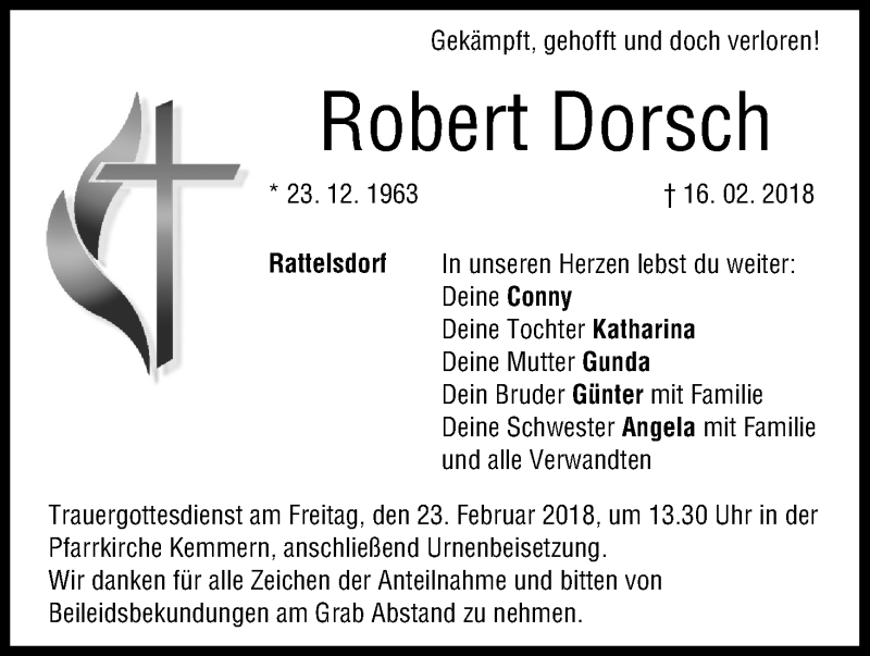  Traueranzeige für Robert Dorsch vom 20.02.2018 aus MGO