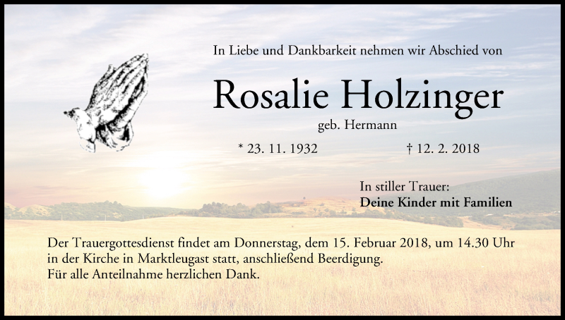  Traueranzeige für Rosalie Holzinger vom 14.02.2018 aus MGO