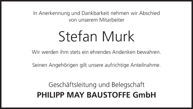  Traueranzeige für Stefan Murk vom 20.02.2018 aus MGO