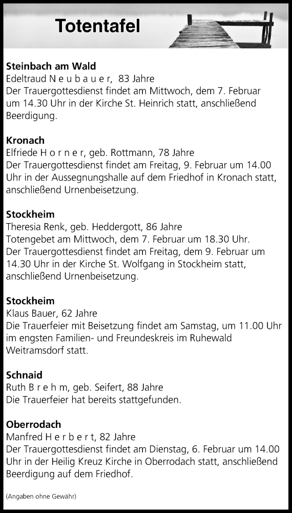  Traueranzeige für Totentafel vom 06.02.2018 vom 06.02.2018 aus MGO
