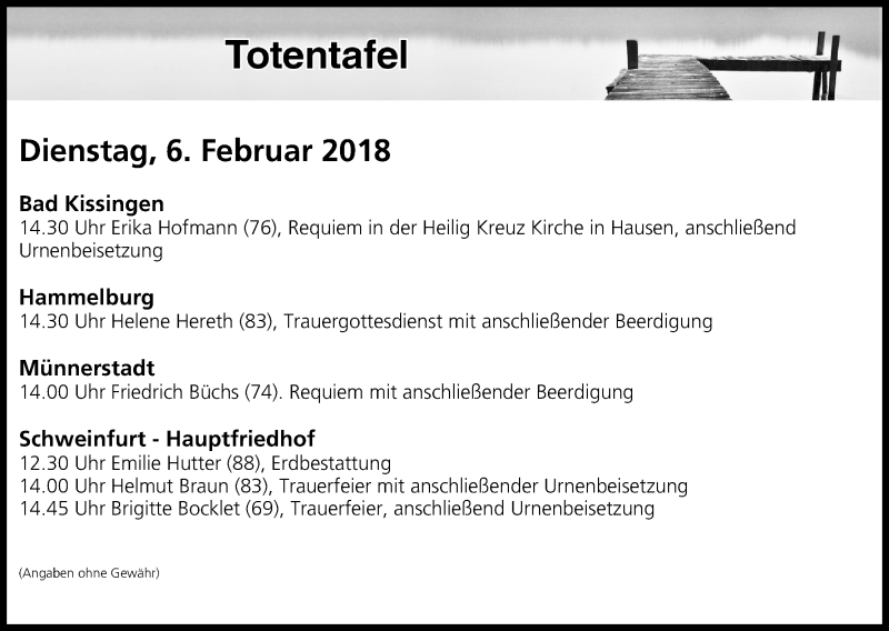  Traueranzeige für Totentafel vom 06.02.2018 vom 06.02.2018 aus MGO