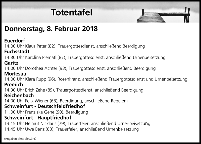  Traueranzeige für Totentafel vom 08.02.2018 vom 08.02.2018 aus MGO