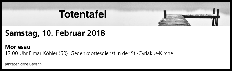  Traueranzeige für Totentafel vom 10.02.2018 vom 10.02.2018 aus MGO