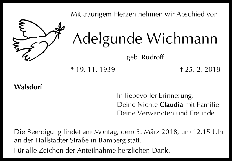 Traueranzeige für Adelgunde Wichmann vom 01.03.2018 aus MGO