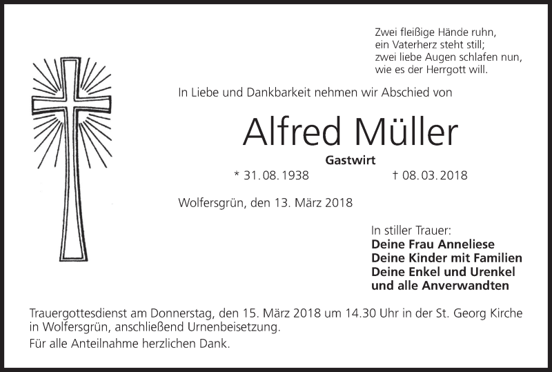  Traueranzeige für Alfred Müller vom 13.03.2018 aus MGO
