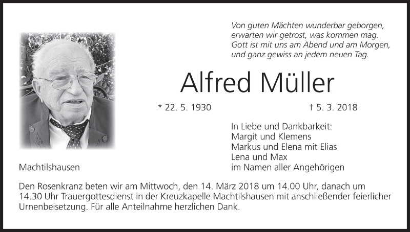  Traueranzeige für Alfred Müller vom 10.03.2018 aus MGO