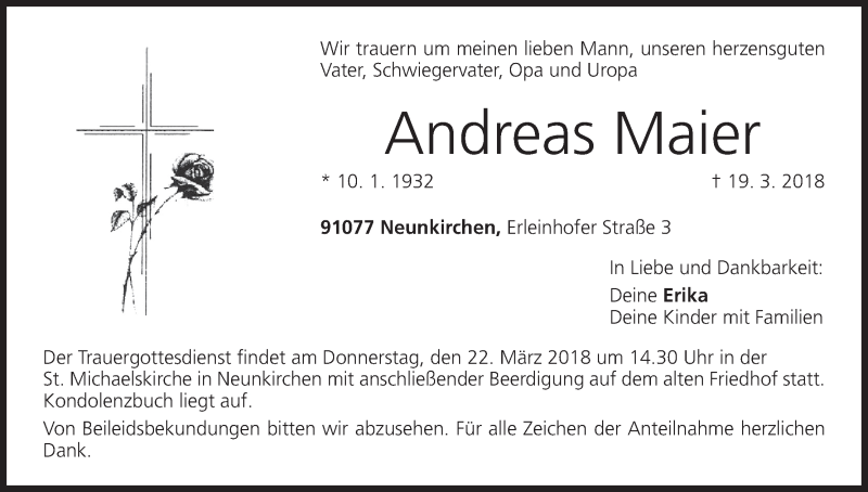  Traueranzeige für Andreas Maier vom 21.03.2018 aus MGO