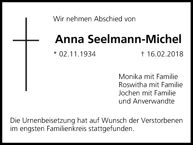  Traueranzeige für Anna Seelmann-Michel vom 10.03.2018 aus MGO