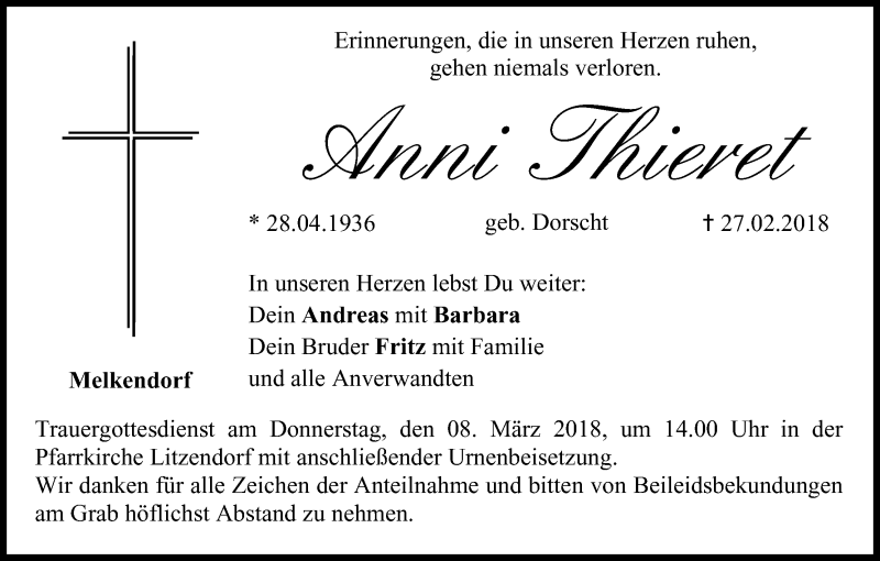  Traueranzeige für Anni Thieret vom 03.03.2018 aus MGO