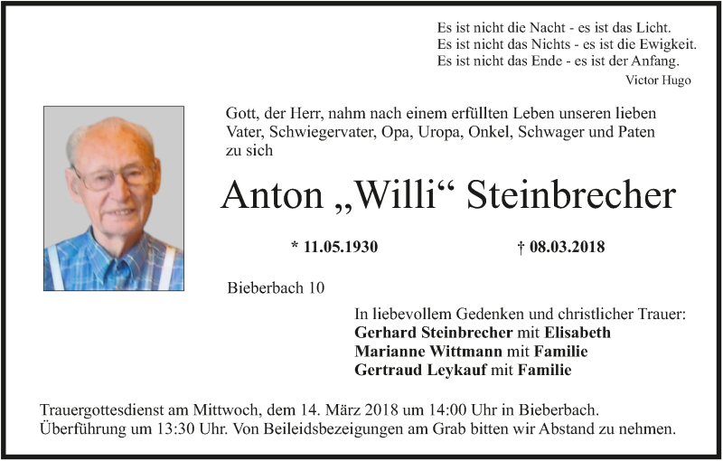  Traueranzeige für Anton Steinbrecher vom 10.03.2018 aus MGO