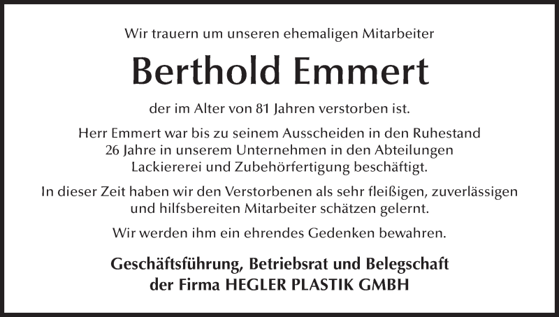  Traueranzeige für Berthold Emmert vom 19.03.2018 aus MGO
