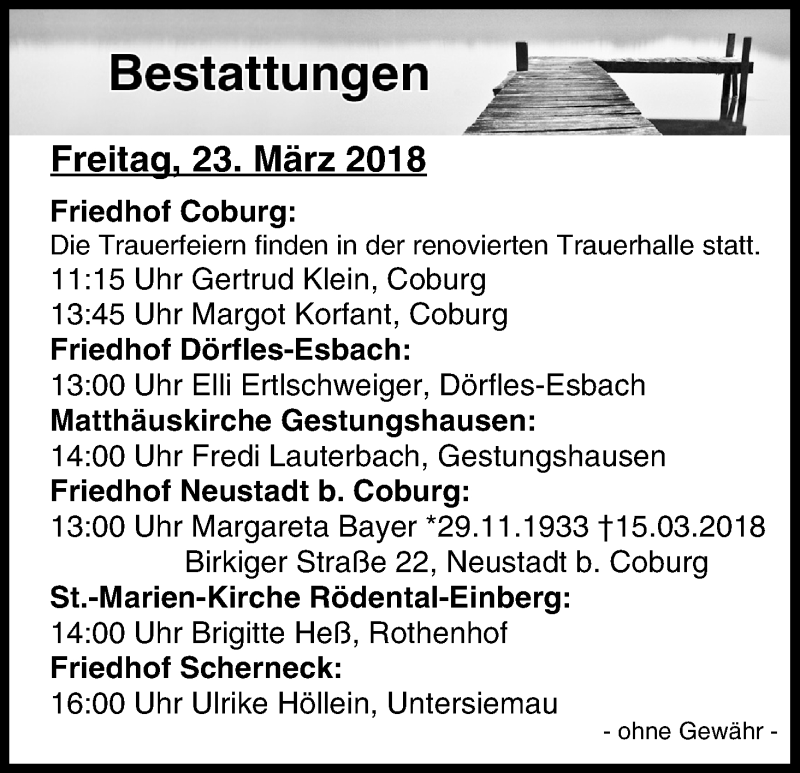 Bestattungen Vom 23.03.2018 | Traueranzeige | Trauer.inFranken.de