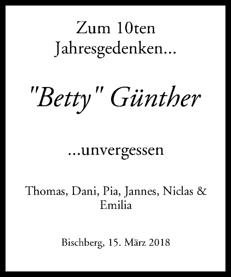  Traueranzeige für Betty Günther vom 15.03.2018 aus MGO